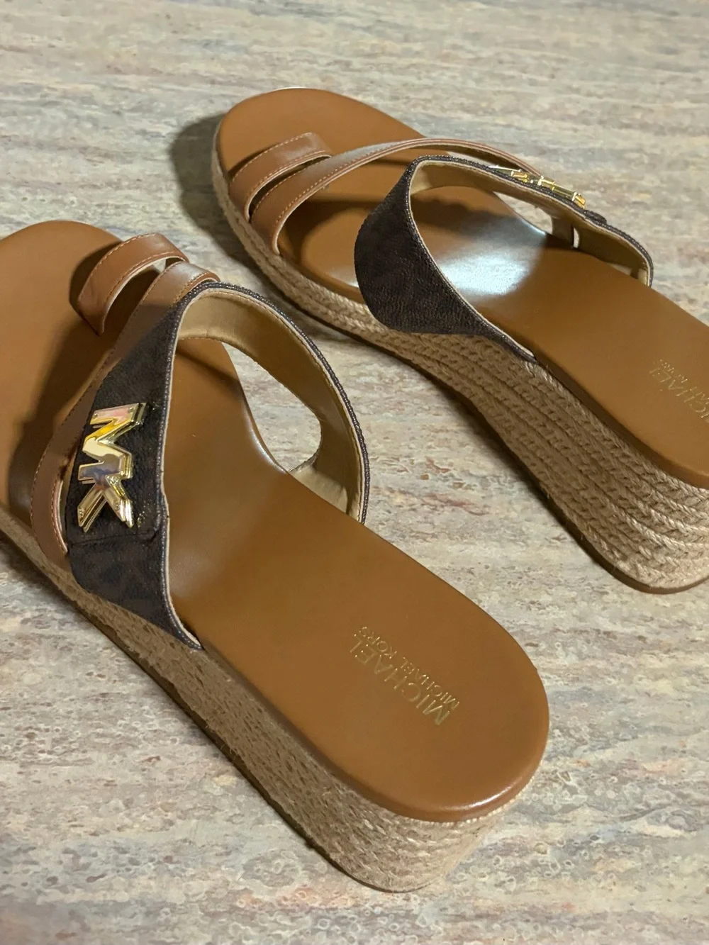 Michael Kors Tan & Brown Leather Logo Espadrille Wedge Sandals with Gold Accents